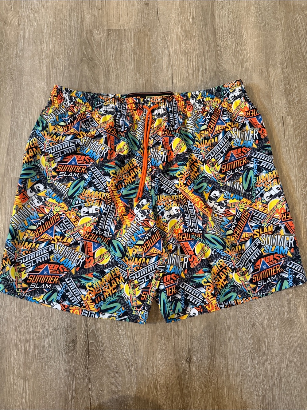 RSVLTS WWE Summer Slam Multicolor Graphic Swim Trunks with Orange Drawstring